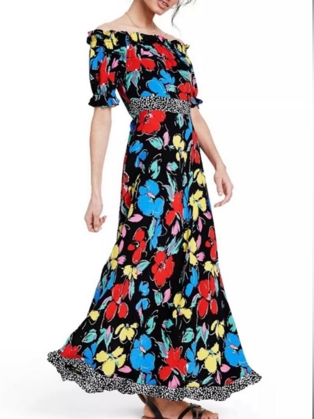 RIXO for Target Black Floral Off the Shoulder Maxi Dress with Colorful Pattern 6